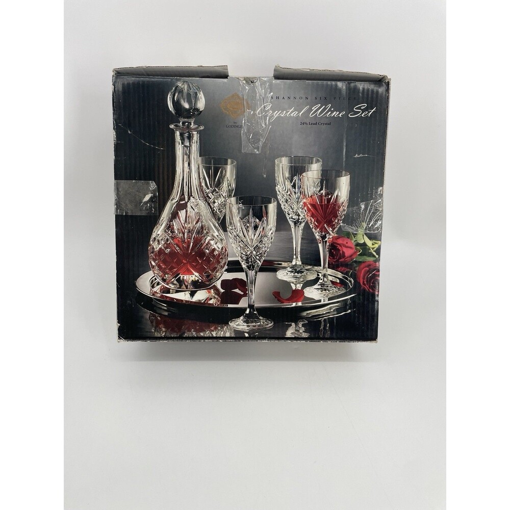 Shannon Crystal Godinger 6 Pc Wine Decanter Glasses Tray Set NIB Slovakia